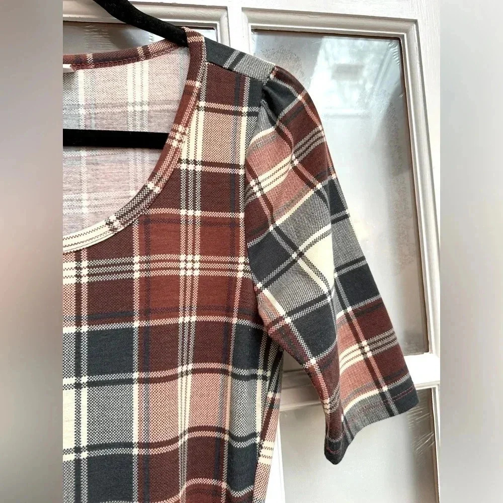 LuLaRoe | Fit & Flare Nicole Blue Cream Burgundy Plaid Dress Size S Small - Picture 3 of 8